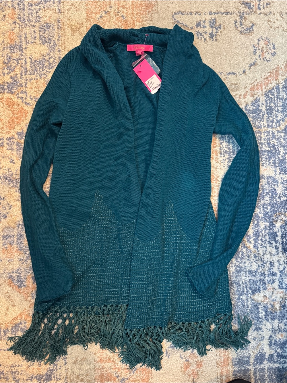 Lilly Pulitzer Teal Open-Front Fringe Cardigan